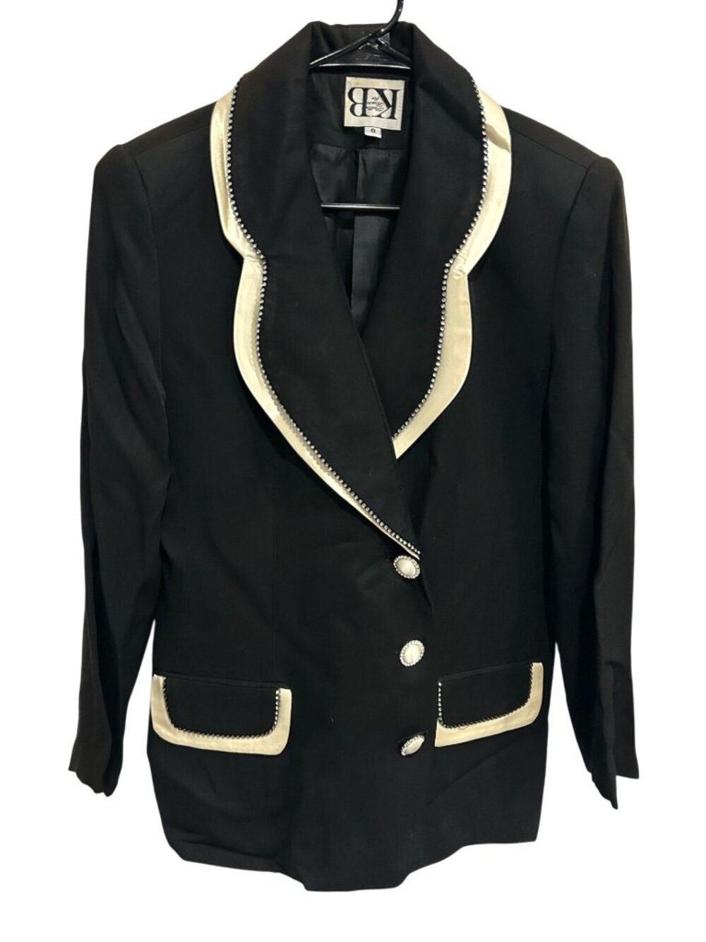 Stella Louise KB 8 Black Lined Blazer Rhinestone Cream Satin Trim Old Money Glam